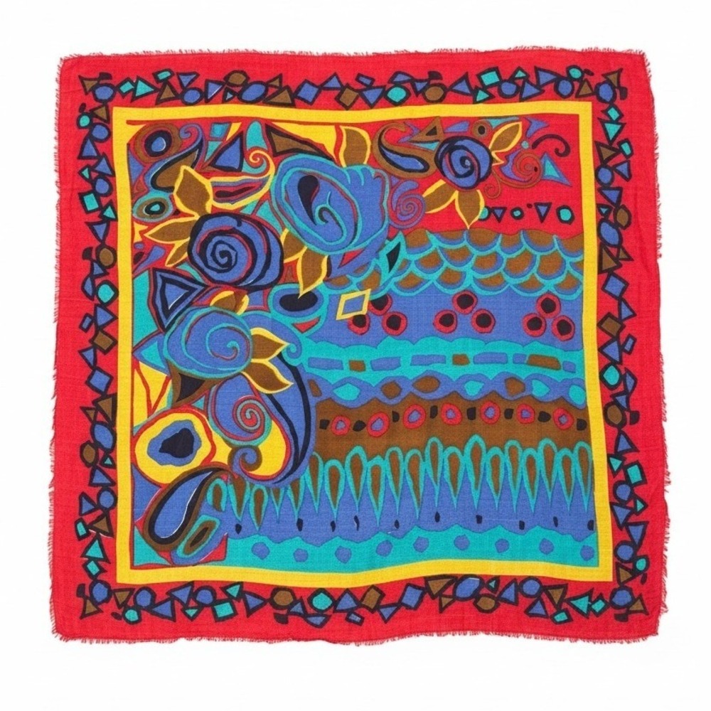 Styled by Dimensions Vintage Abstract Floral Square Rayon Scarf Red Blue